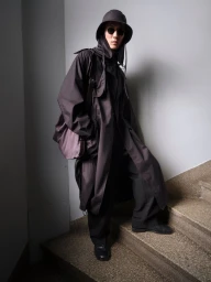 Model wearing dark sunglasses, bucket hat, and long coat standing on a concrete staircase.