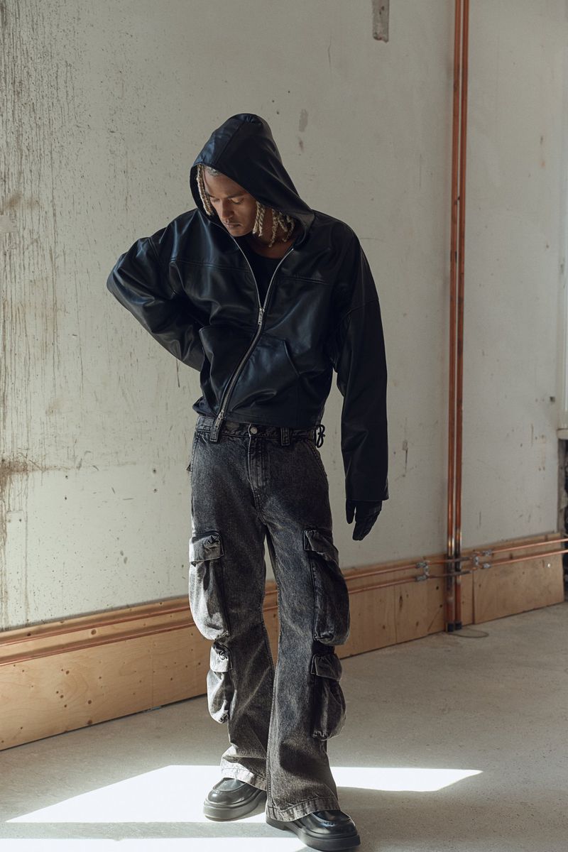 Full-length portrait of one adult male with blond dreadlocks wearing black hooded jacket, grey jeans, and black sneakers in an indoor setting.