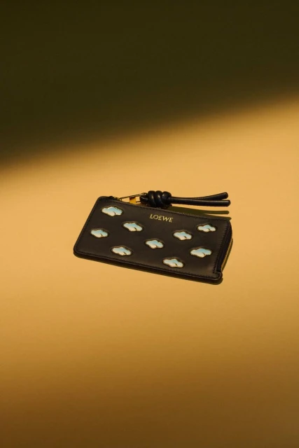 Close-up of a black Loewe wallet with decorative cloud appliqués on a warm gold background. Fashionable and elegant.