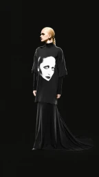 Model standing against a black background wearing a long black dress and a t-shirt featuring a large graphic portrait face print.