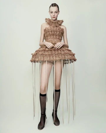 Fashion model in a sculptural beige dress with ribbons, standing against a light background in a studio, complemented by sheer black socks.