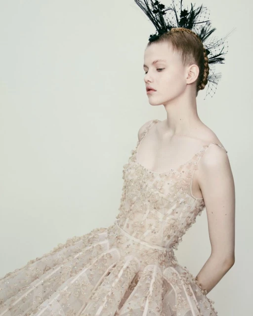 Woman poses in a blush-colored formal gown with floral appliques and dramatic feather headdress in a studio with soft, diffused lighting.