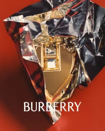 Close-up of a gold metallic buckle wrapped in reflective silver foil and plaid paper against a red background for Burberry.