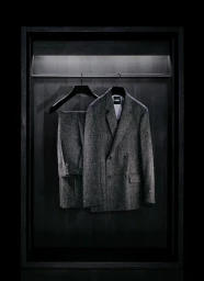 Grey tweed double breasted suit hanging on a dark wooden display cabinet by BOSS
