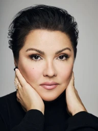 Portrait of opera singer Anna Netrebko wearing a black turtleneck and diamond ring against a grey background for Chopard.