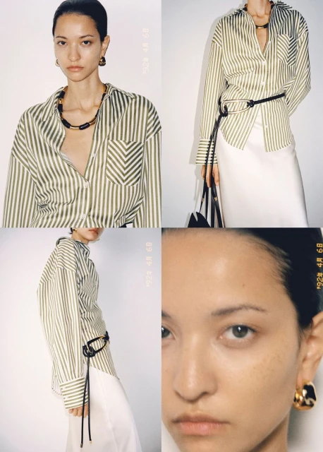 Collage of an Asian woman modeling a striped shirt with a black belt, wearing jewelry, against a white background. Fashion shoot.