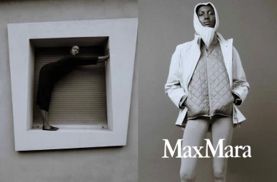 Black and white fashion diptych featuring a model in a hooded jacket and another posed inside a square architectural niche.