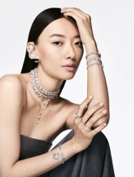 Model wearing crystal choker, layered bracelets, and rings against a plain white background for Swarovski