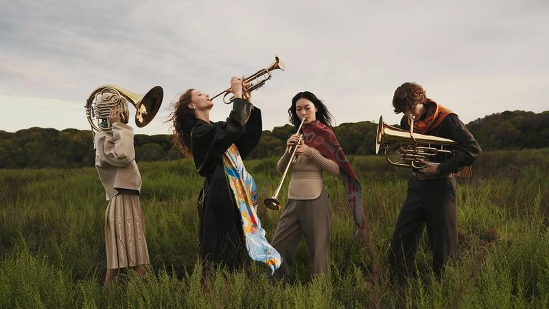 Four women in a grassy field playing brass instruments: trumpet, french horn, and tuba, under a cloudy sky. Fashion editorial.