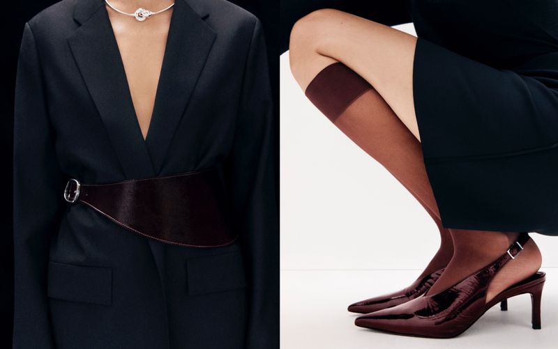 A split image showcases fashion apparel: a navy blazer with a wide belt and a silver necklace, paired with dark shoes and socks.