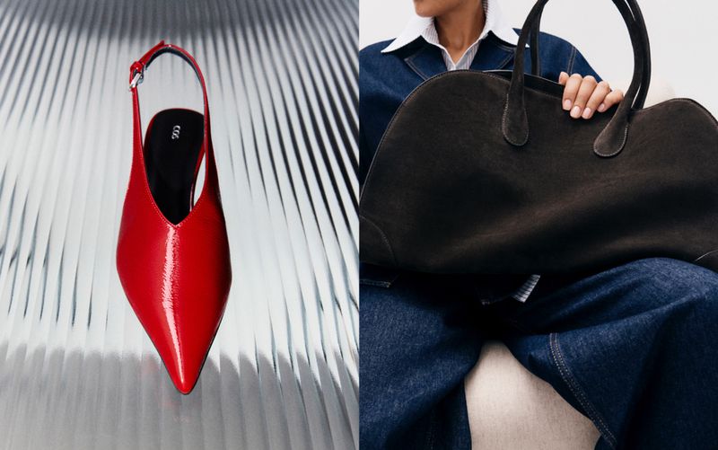 Studio shot of a red slingback heel on a reflective surface, contrasted with an adult holding a dark brown suede tote bag.