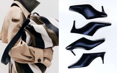 COS accessories campaign featuring a person holding a striped leather bag and stacked black leather mules on a white background