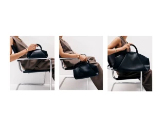 Triptych featuring a model seated in a chrome chair holding a dark leather handbag for COS Accessories AW24.