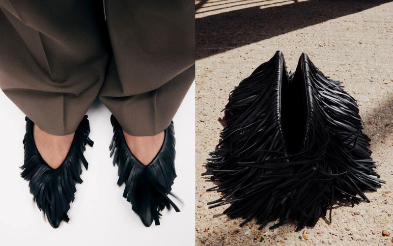 Close-up split image showing black fringed leather flats on the left and a black fringed leather clutch on the right.