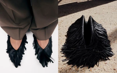 Close-up split image showing black fringed leather flats on the left and a black fringed leather clutch on the right.