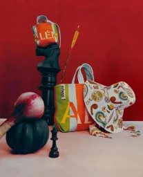 Alemais accessories still life featuring patterned tote bags, a printed sun hat, black chess pieces, and gourds on a reddish background