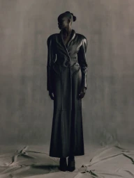 Model in a structured black leather coat standing against a muted textured grey studio backdrop