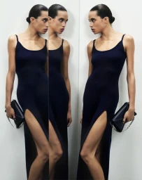 Model Lara Menezes wearing a dark dress with a high slit and holding a black clutch in Michael Kors Collection SS 2025