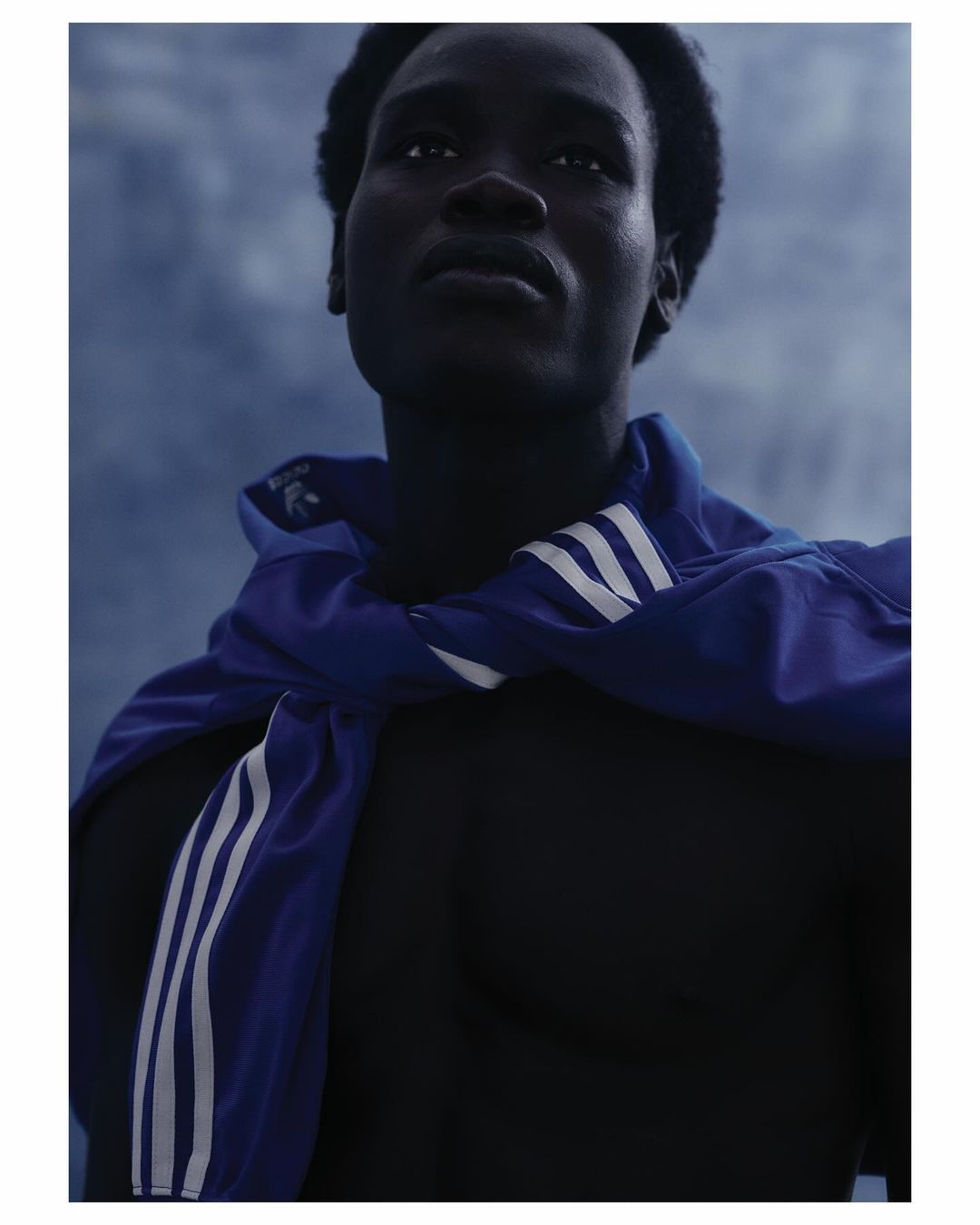 Fashion portrait of a dark-skinned male with a blue Adidas jacket draped over his shoulders against a cloudy, muted blue background.