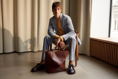 A man seated in a wooden chair holding a brown leather tote bag wearing a light blue suit and dark shoes.