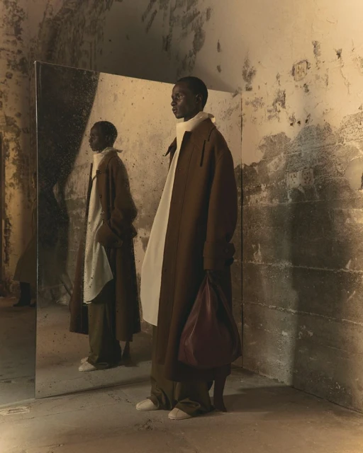An African male model poses in a brown coat with a mirror reflection inside a grungy interior, showcasing fashion and style.