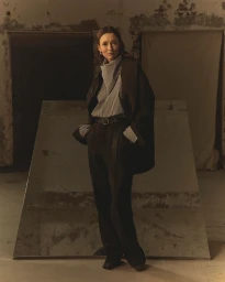 Model standing in dark trousers, striped scarf, and coat in an industrial interior setting with muted tones.
