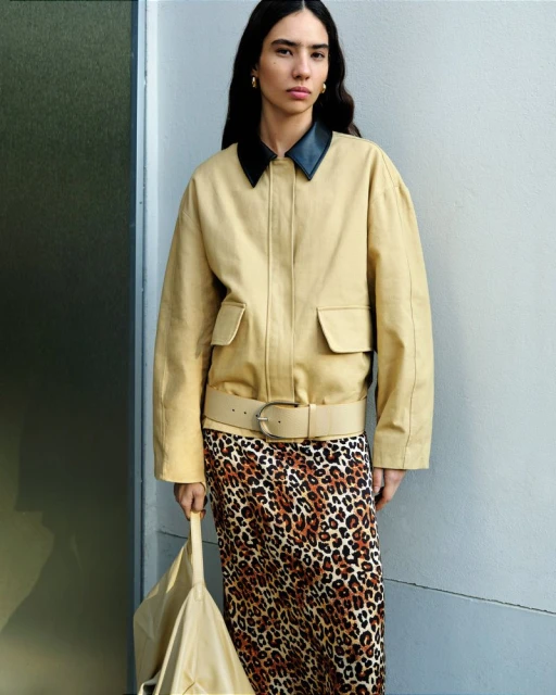 Woman in tan jacket and leopard print skirt holding tote bag stands against a grey wall with natural light. Fashion editorial.