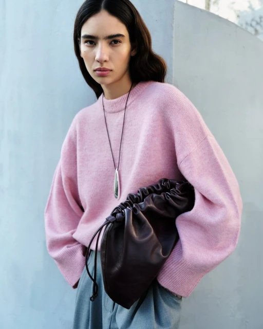 A woman poses in a studio with a pink sweater, grey pants, and a dark brown bag, creating a minimalist fashion portrait.