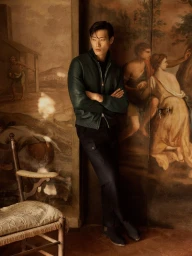 Asian male model wearing a dark green leather jacket and black trousers leaning against a painted mural wall.