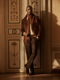 Black man standing in a warm-toned interior wearing a brown jacket, matching scarf, and dark trousers against ornate paneled doors.