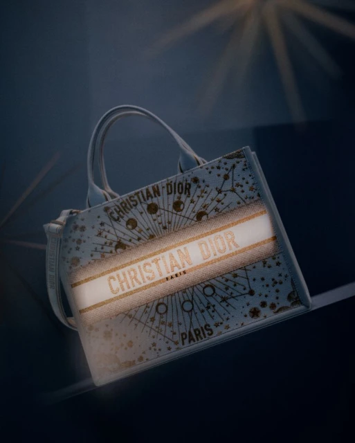 Tote bag by Christian Dior with star and constellation designs in soft blue and gold, angled against a dark blue background with a light source.