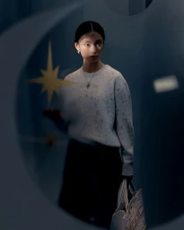 Model Tinglei Liu holding star prop, wearing Dior sweater and carrying tote bag