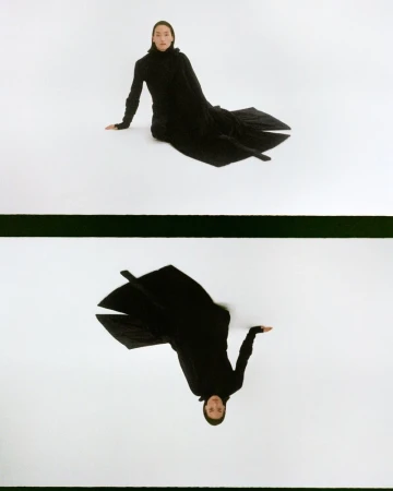 Model wearing a long black dress seated against a white studio background in a split frame composition.