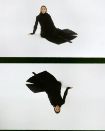 Model wearing a long black dress seated against a white studio background in a split frame composition.