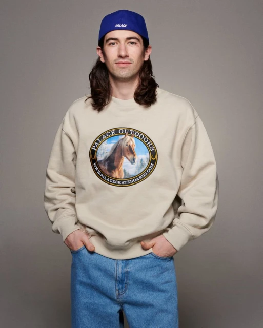 A young adult male poses in front of a grey backdrop, wearing a sweatshirt with a horse graphic, blue jeans, and a blue Palace cap.