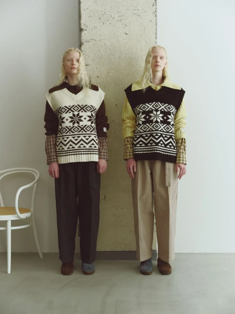 Two fair-skinned adult women pose indoors wearing patterned sweater vests, collared shirts, and trousers in a neutral color palette.