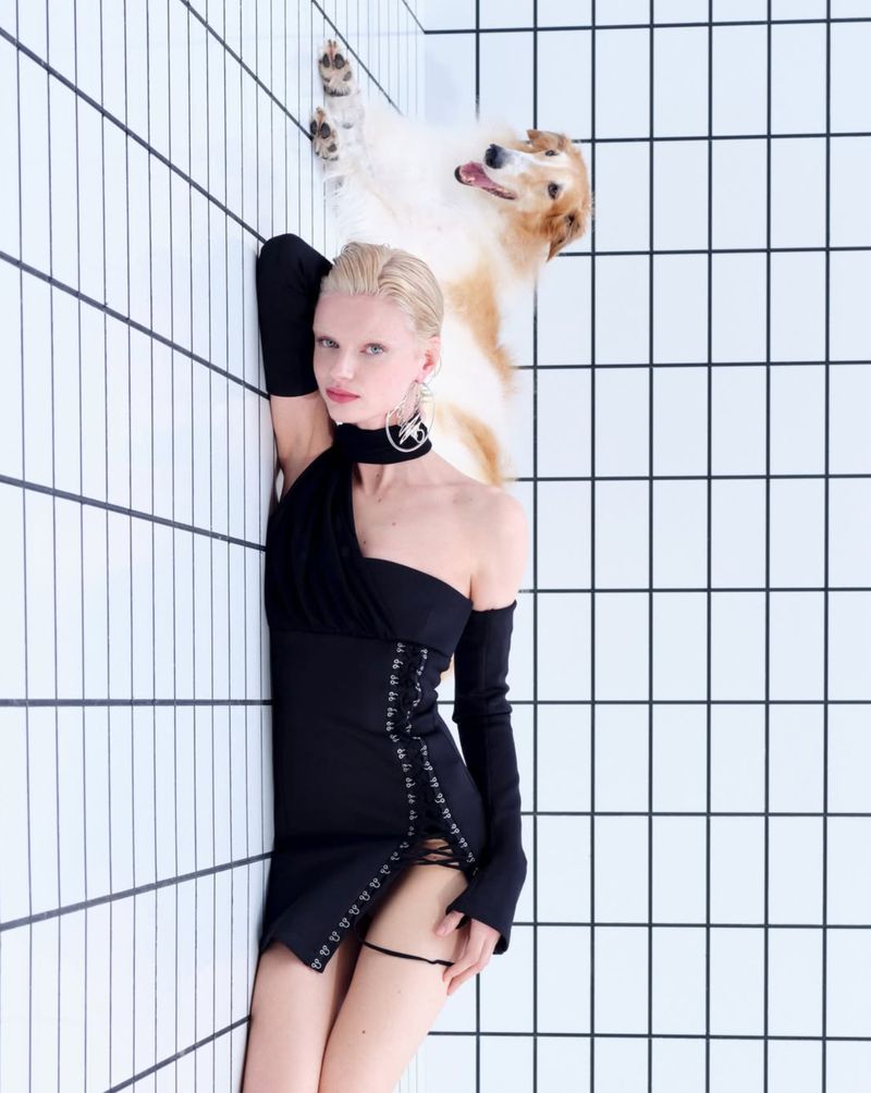 Adult female model in black dress poses with dog against white tiled wall in studio. Fashion editorial shot with dog, beauty, and style.