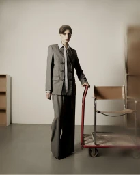Model in a grey double-breasted suit standing beside a red trolley and modern chair against a neutral background for Eudon Choi Prefall 2025.