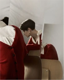 Model in a red button-down cardigan over a white collared shirt reflected in multiple mirror panels