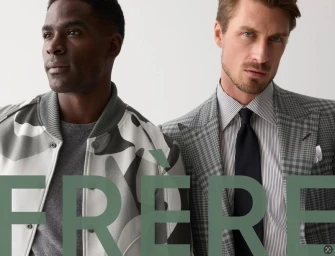 Two male models posing against a white background for an e-commerce campaign, wearing patterned menswear.