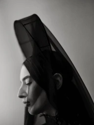 Profile portrait of a woman wearing a black sheer veiled headdress and dark lace collar against a neutral studio backdrop.
