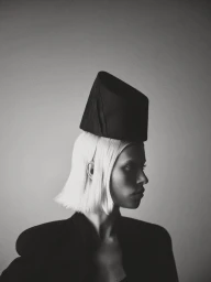 Model in profile with white bob hairstyle wearing a black structured hat and dark jacket against a grey background