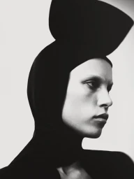 Close-up portrait of a model wearing a dark sculptural headpiece against a plain white background