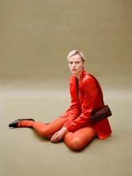Model seated on a seamless olive background wearing a bright red blazer, orange tights, and black shoes while holding a dark handbag.
