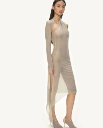 Model wearing a shimmering neutral midi dress with an asymmetric sleeve against a white backdrop.
