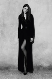 Model in a black tuxedo dress standing against a textured concrete wall wearing glasses