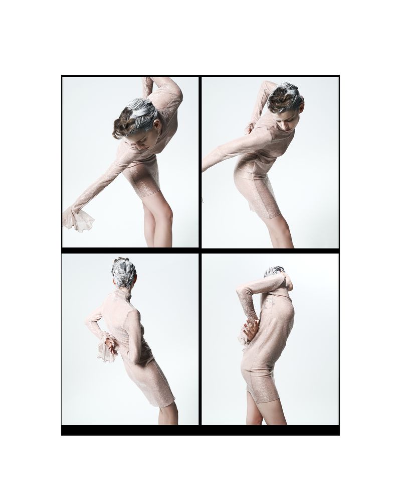 Woman in a light pink, translucent dress strikes a dance pose in a grid of four images against a light grey studio backdrop.