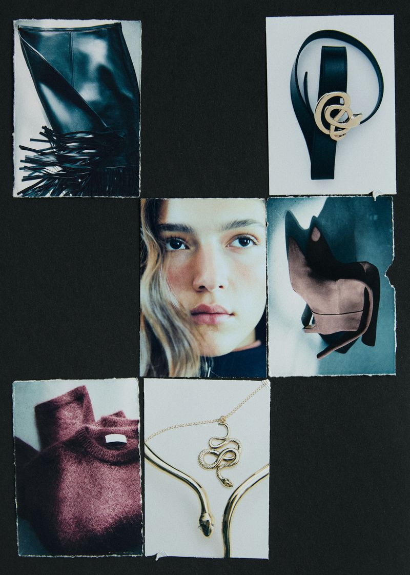 Fashion collage of a woman's face surrounded by a purse, belt, shoe, sweater, and snake necklace on a dark background.