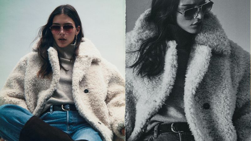 A person posing in an off-white coat, jeans, and sunglasses, split frame with a monochrome filtered version on the right.