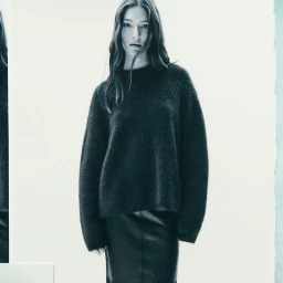 Model wearing a dark fuzzy sweater and leather skirt against a white studio background for Other Stories editorial project
